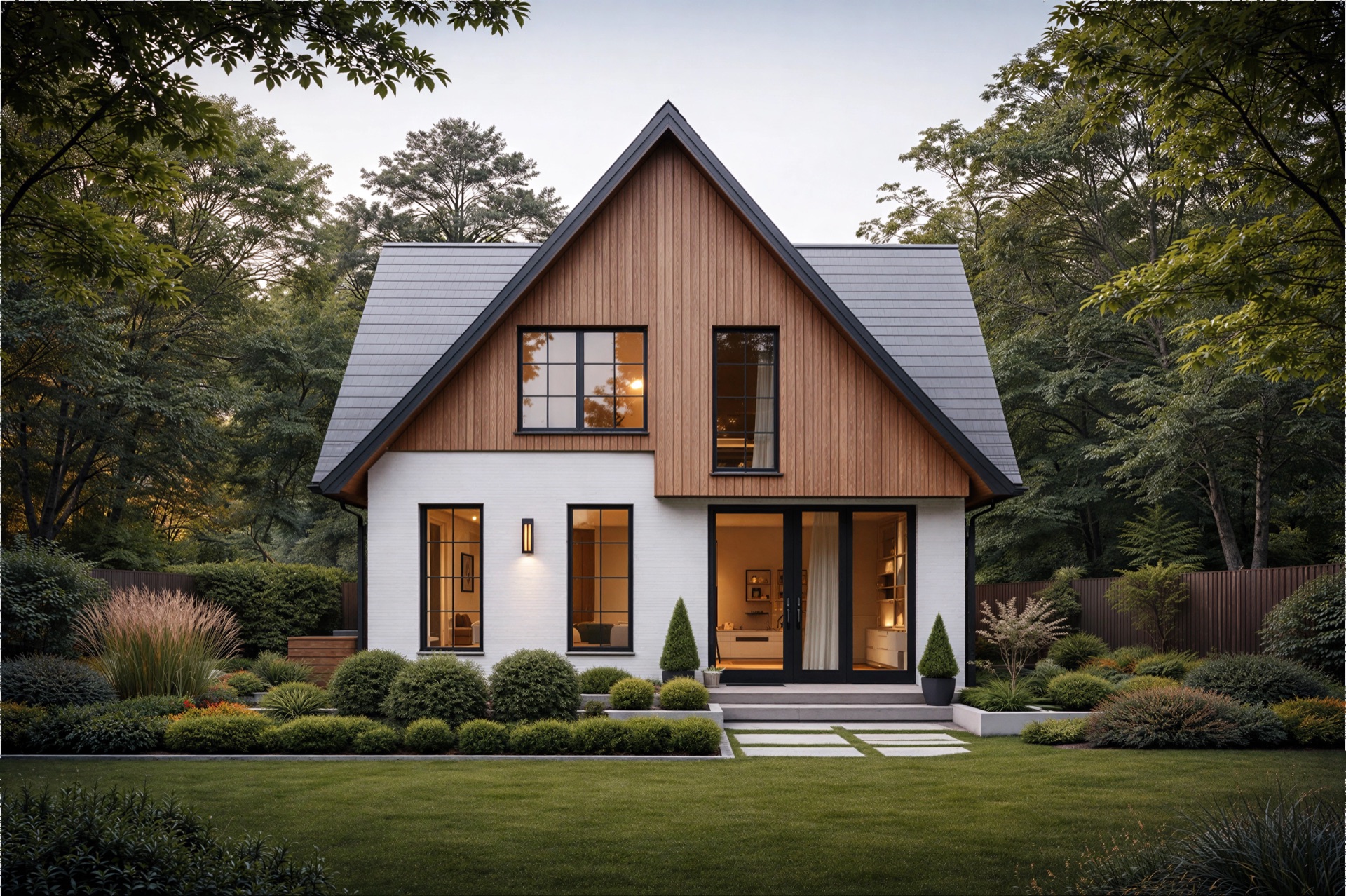 Современный каркасный дом среди деревьев